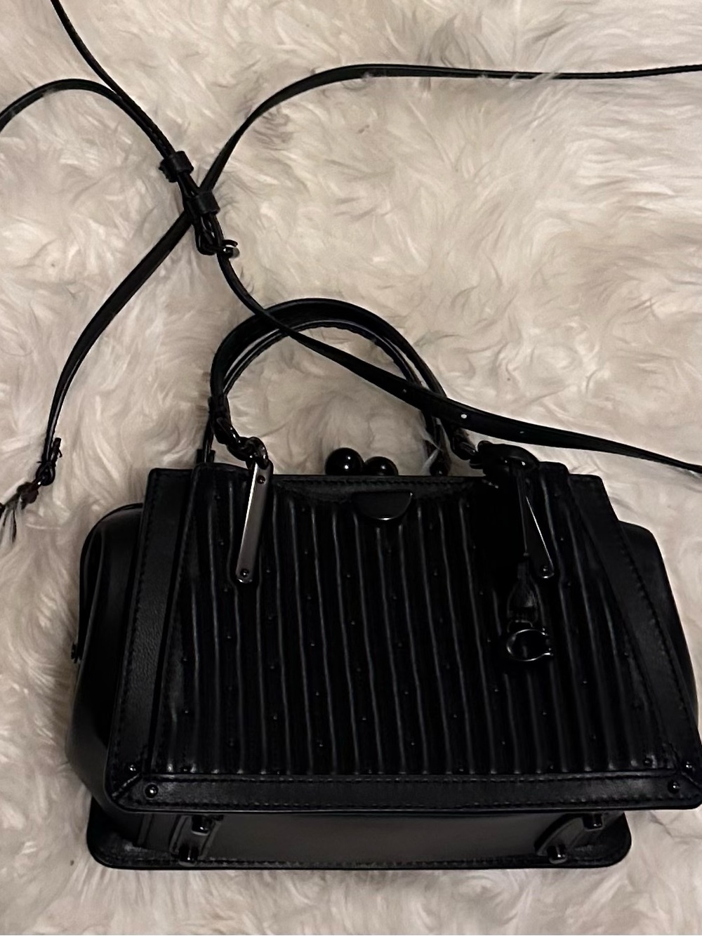 Coach Black Ribbed Top-Handle kiss lock Satchel with Crossbody Strap